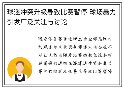 球迷冲突升级导致比赛暂停 球场暴力引发广泛关注与讨论