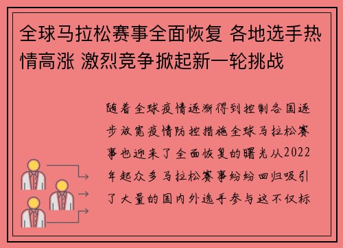 全球马拉松赛事全面恢复 各地选手热情高涨 激烈竞争掀起新一轮挑战
